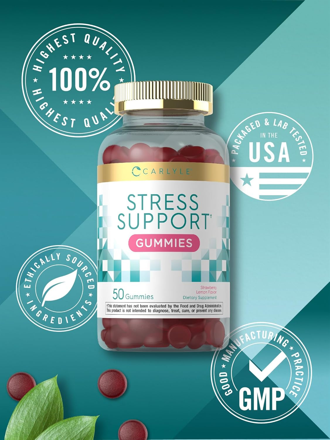 Delicious Stress Relief Gummies - 120 Count with GABA & L-Theanine | Non-GMO, Gluten-Free Strawberry Lemon Flavor | Your Daily Calm Companion